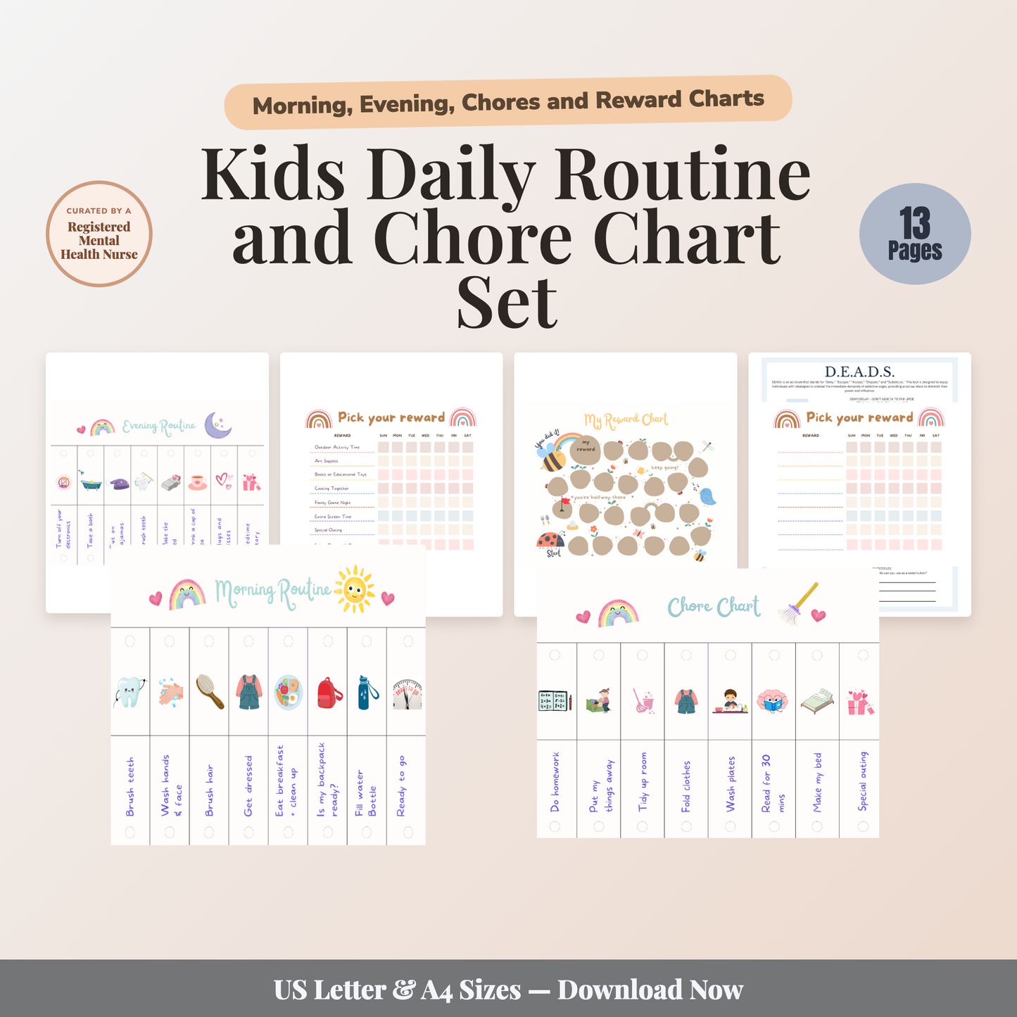 Kids Daily Routine and Chore Chart Set | Morning, Evening, Chores and Reward Charts | 13 Page Printable | Instant Download